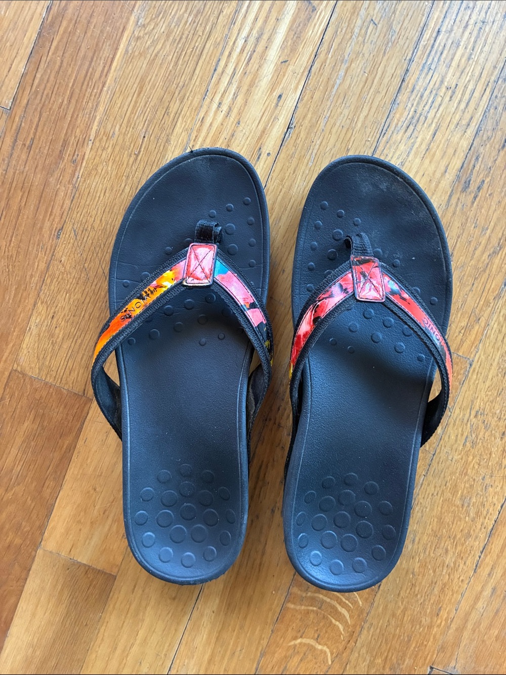 Vionic Black Sandals with Orange and Red Accent Straps